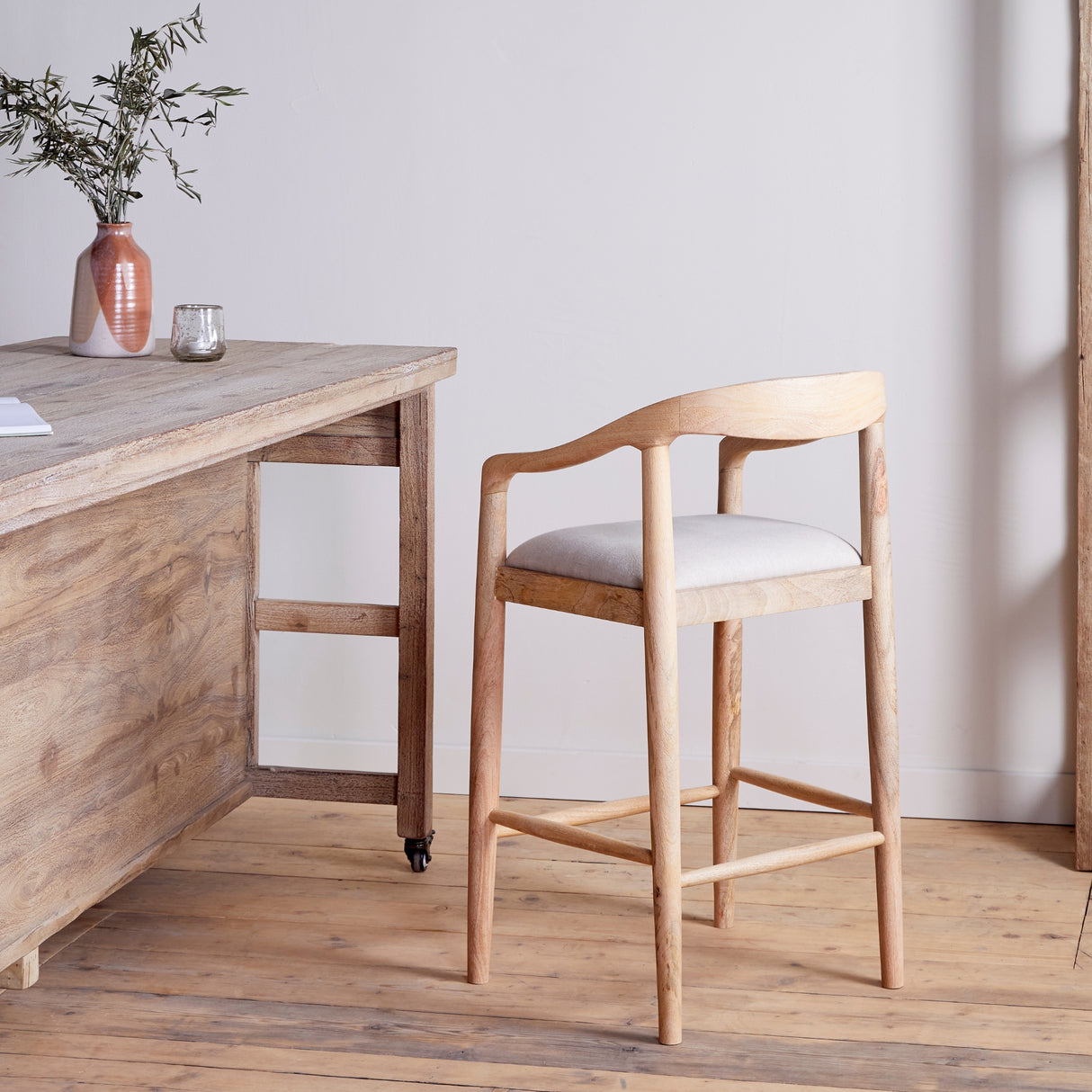 Nkuku Anbu Mango Wood Upholstered Counter Chair Natural