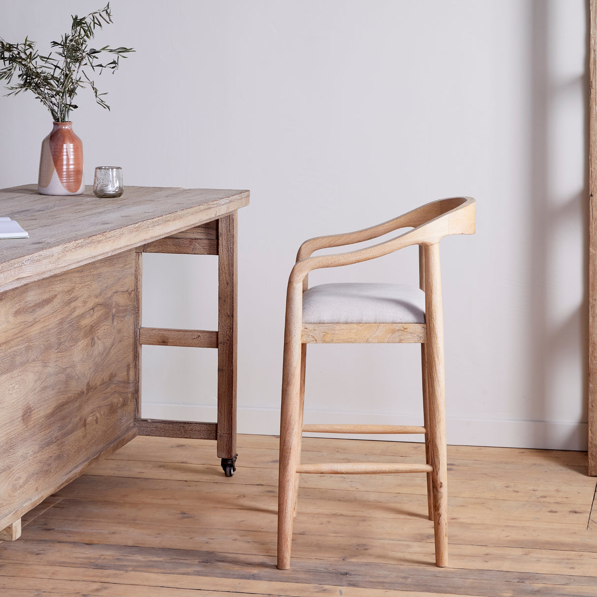 Nkuku Anbu Mango Wood Upholstered Counter Chair Natural