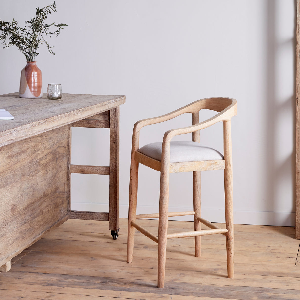 Nkuku Anbu Mango Wood Upholstered Counter Chair Natural