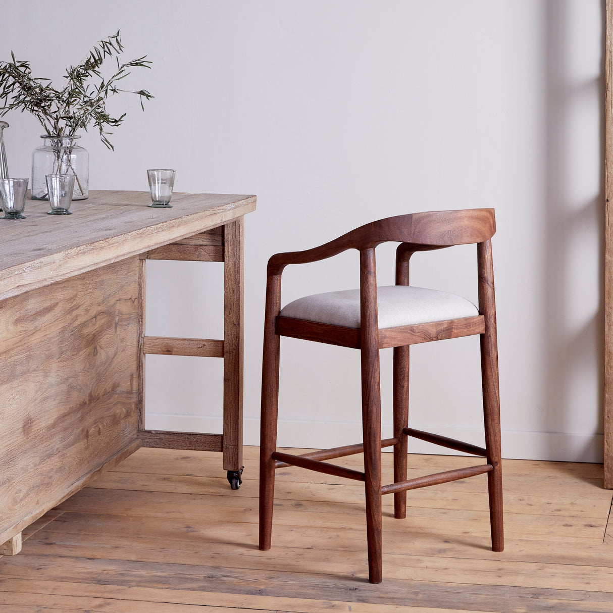 Nkuku Anbu Acacia Upholstered Counter Chair Washed Walnut