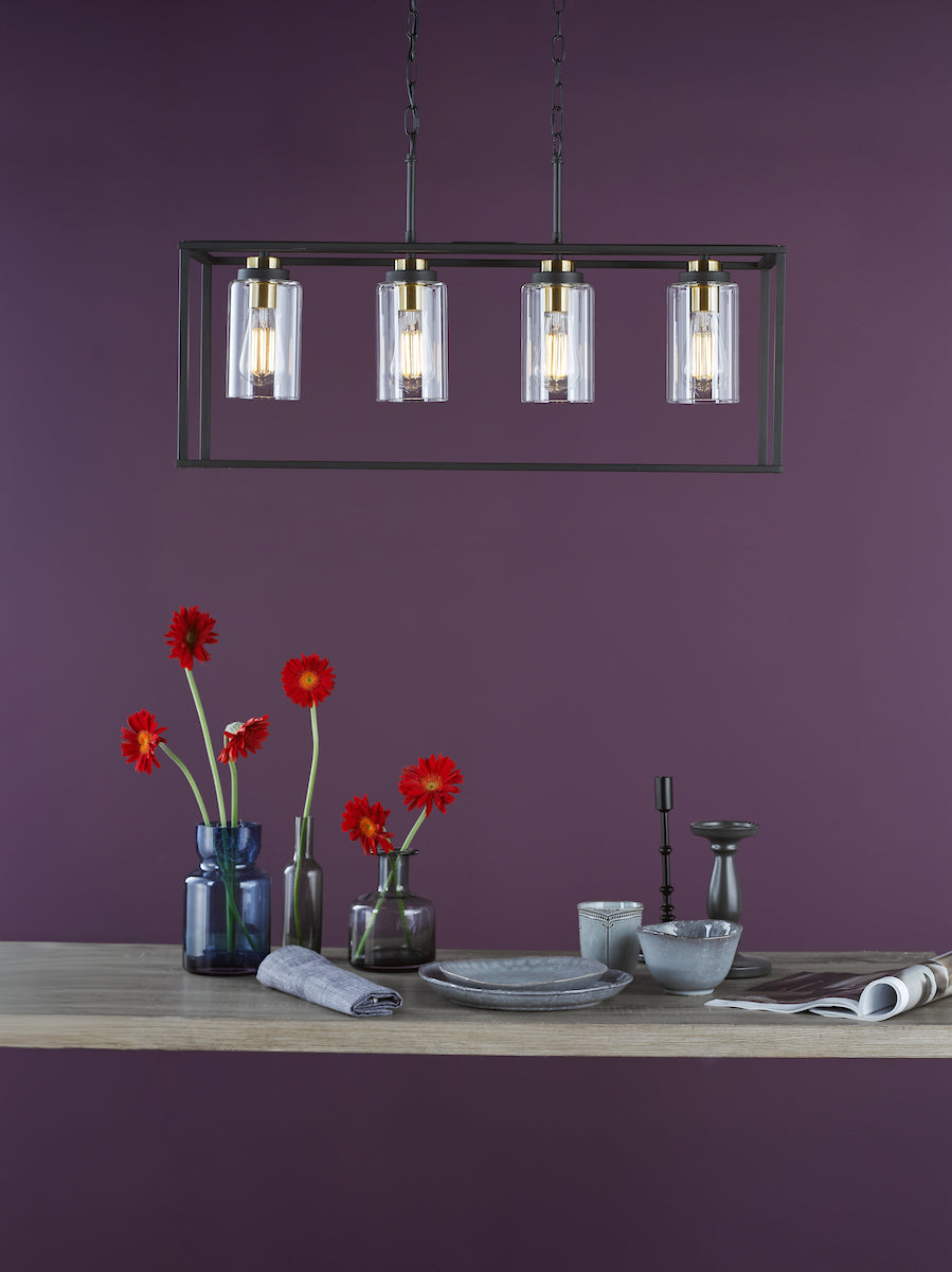 Dar Abel 4 Light Bar Pendant Satin Black and Glass