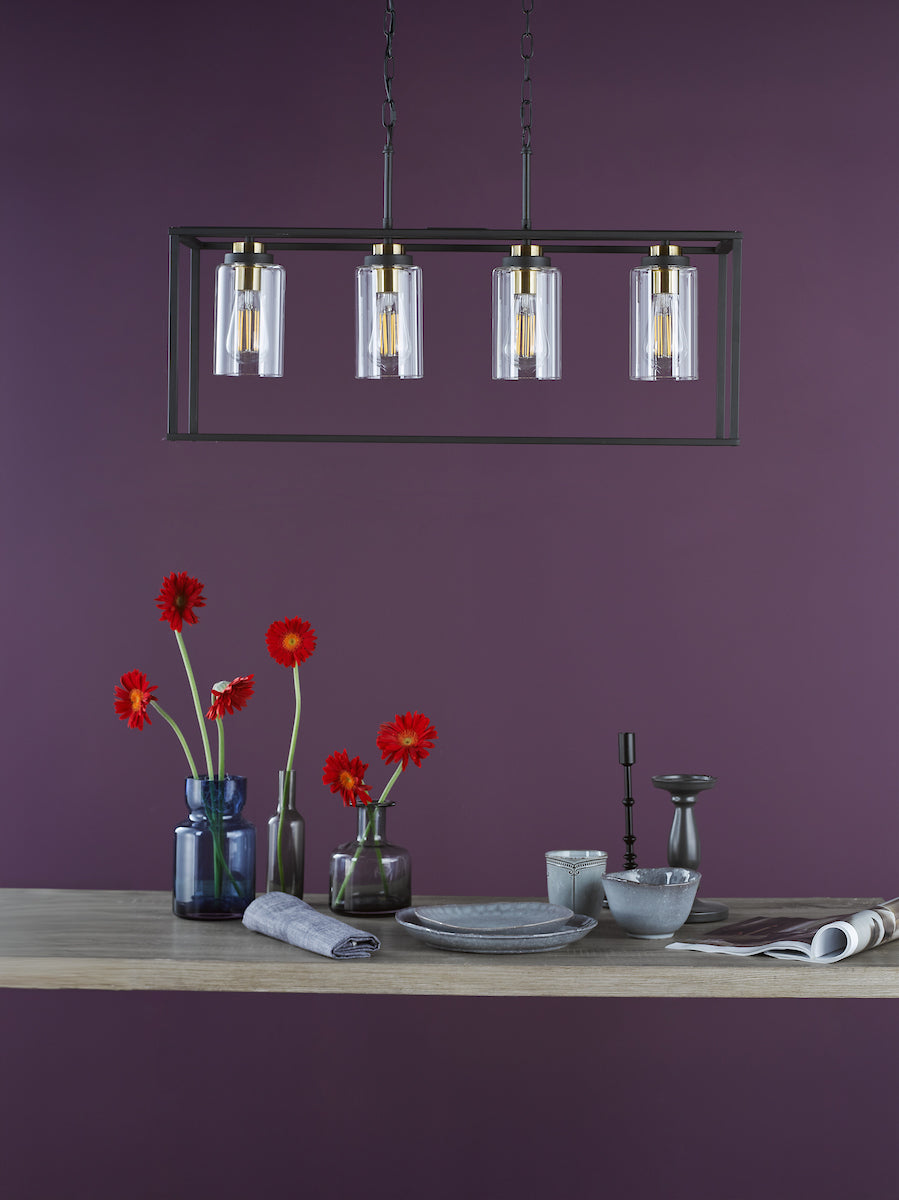 Dar Abel 4 Light Bar Pendant Satin Black and Glass