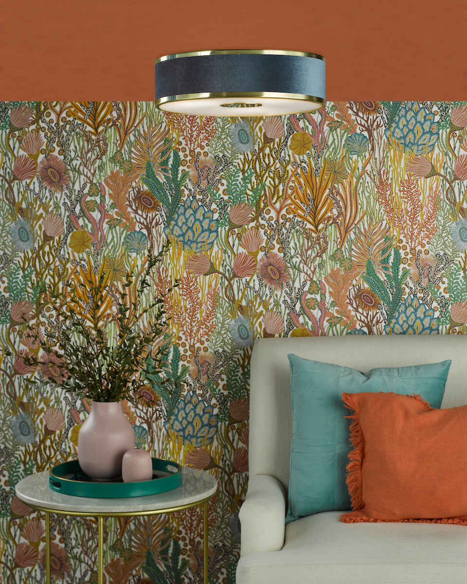 Dar Alvaro 3 Light Flush Brushed Brass With Blue shade