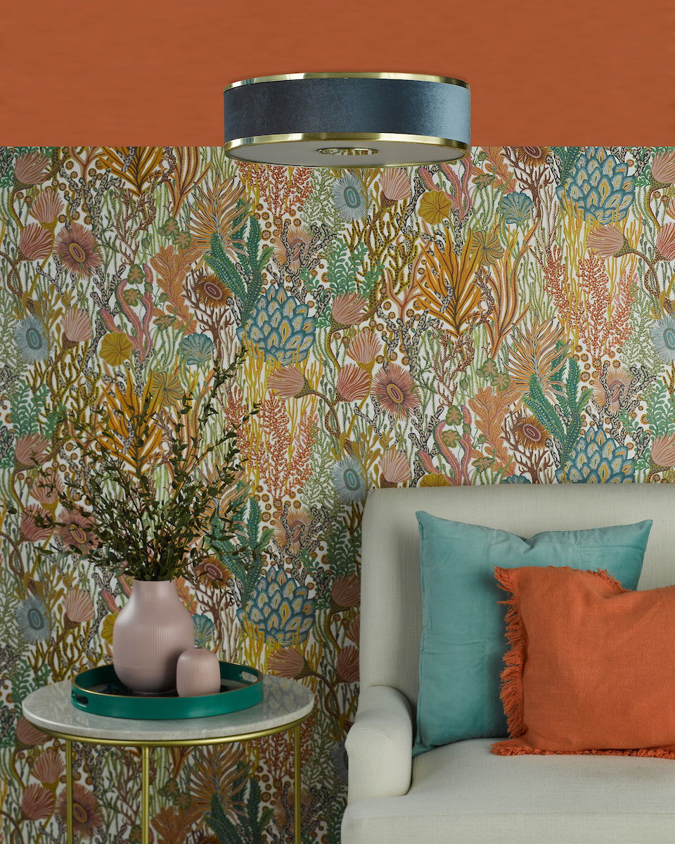 Dar Alvaro 3 Light Flush Brushed Brass With Blue shade