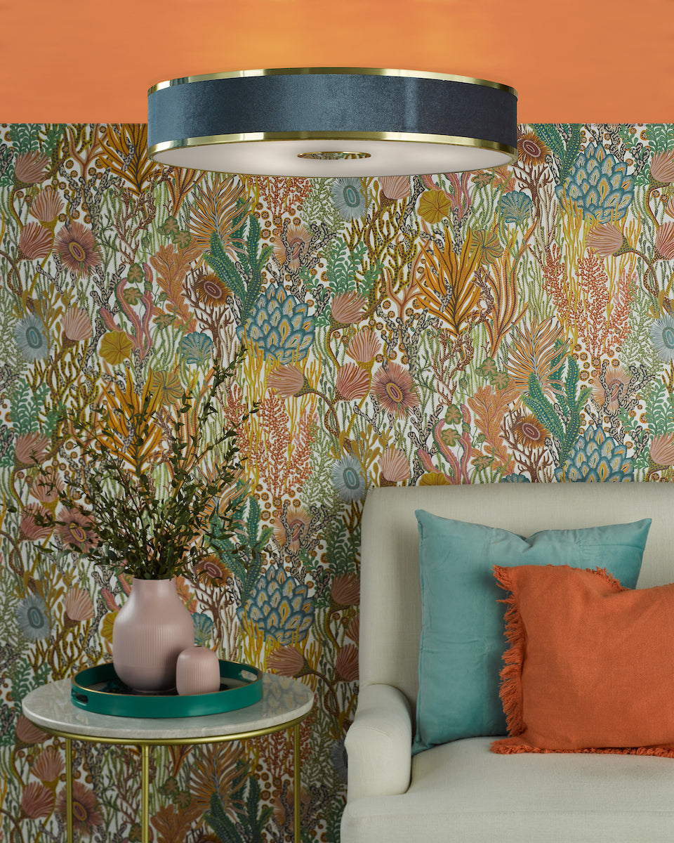 Dar Alvaro 6 Light Flush Brushed Brass With Blue shade