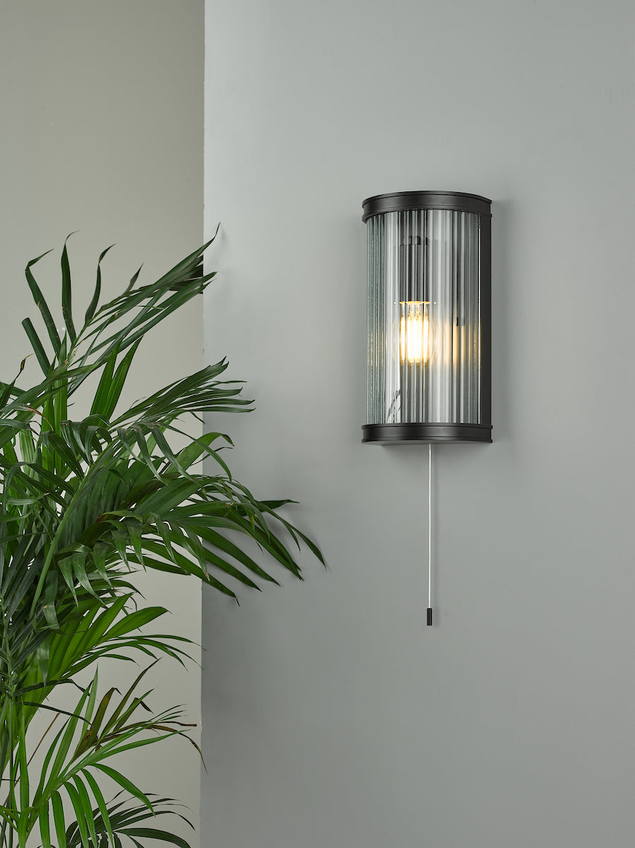 Dar Anund Bathroom Wall Light Matt Black Ribbed Glass IP44