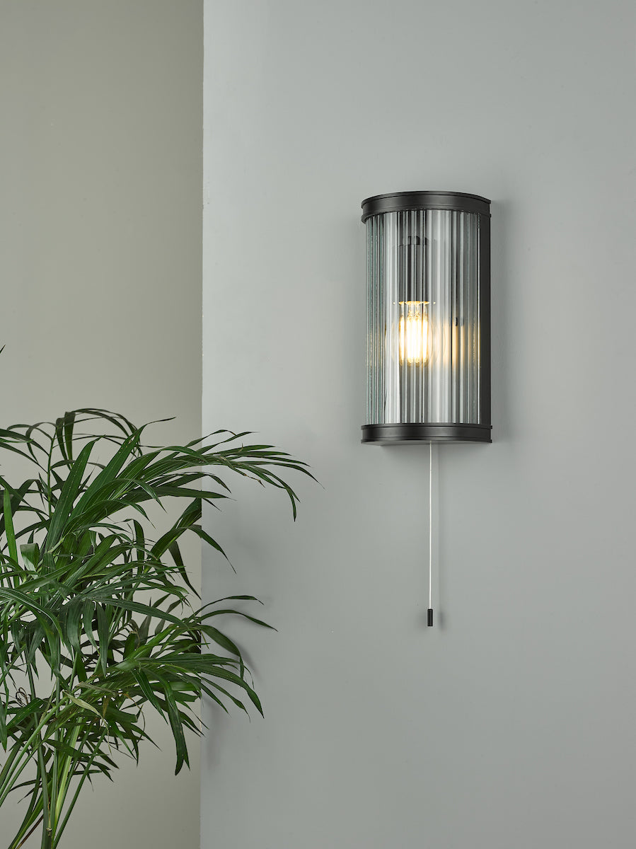 Dar Anund Bathroom Wall Light Matt Black Ribbed Glass IP44