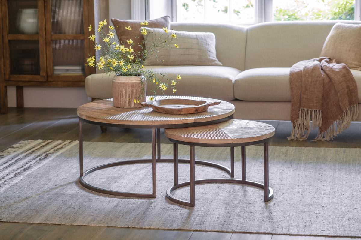 Nkuku Aasha Carved Mango Wood & Iron Nesting Coffee Tables Natural