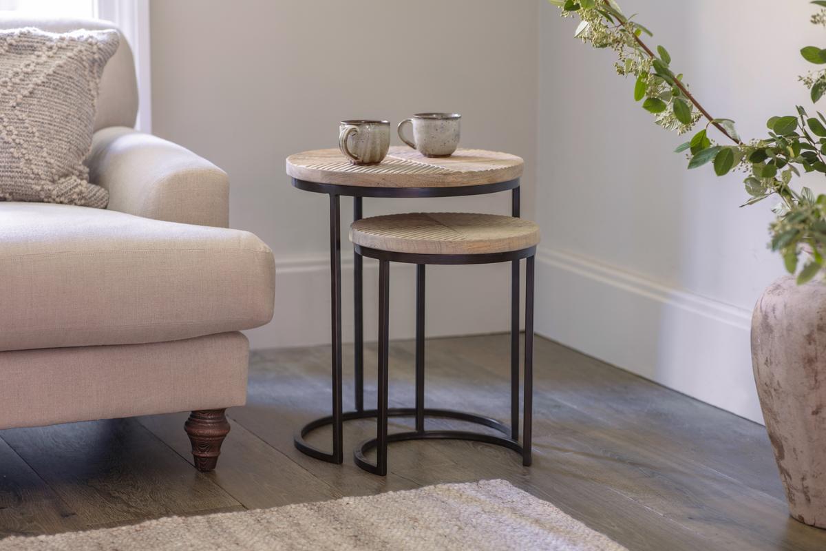 Nkuku Aasha Carved Mango Wood & Iron Nesting Side Tables Natural