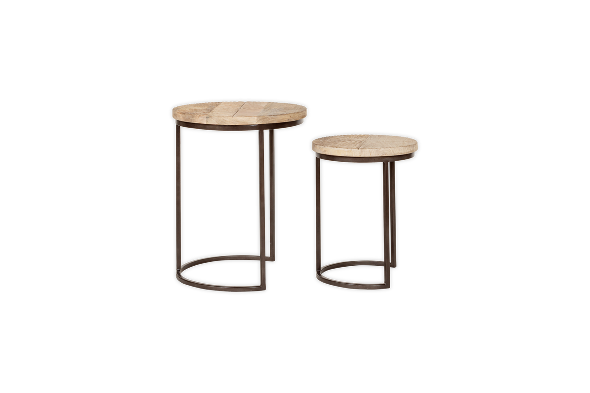 Nkuku Aasha Carved Mango Wood & Iron Nesting Side Tables Natural