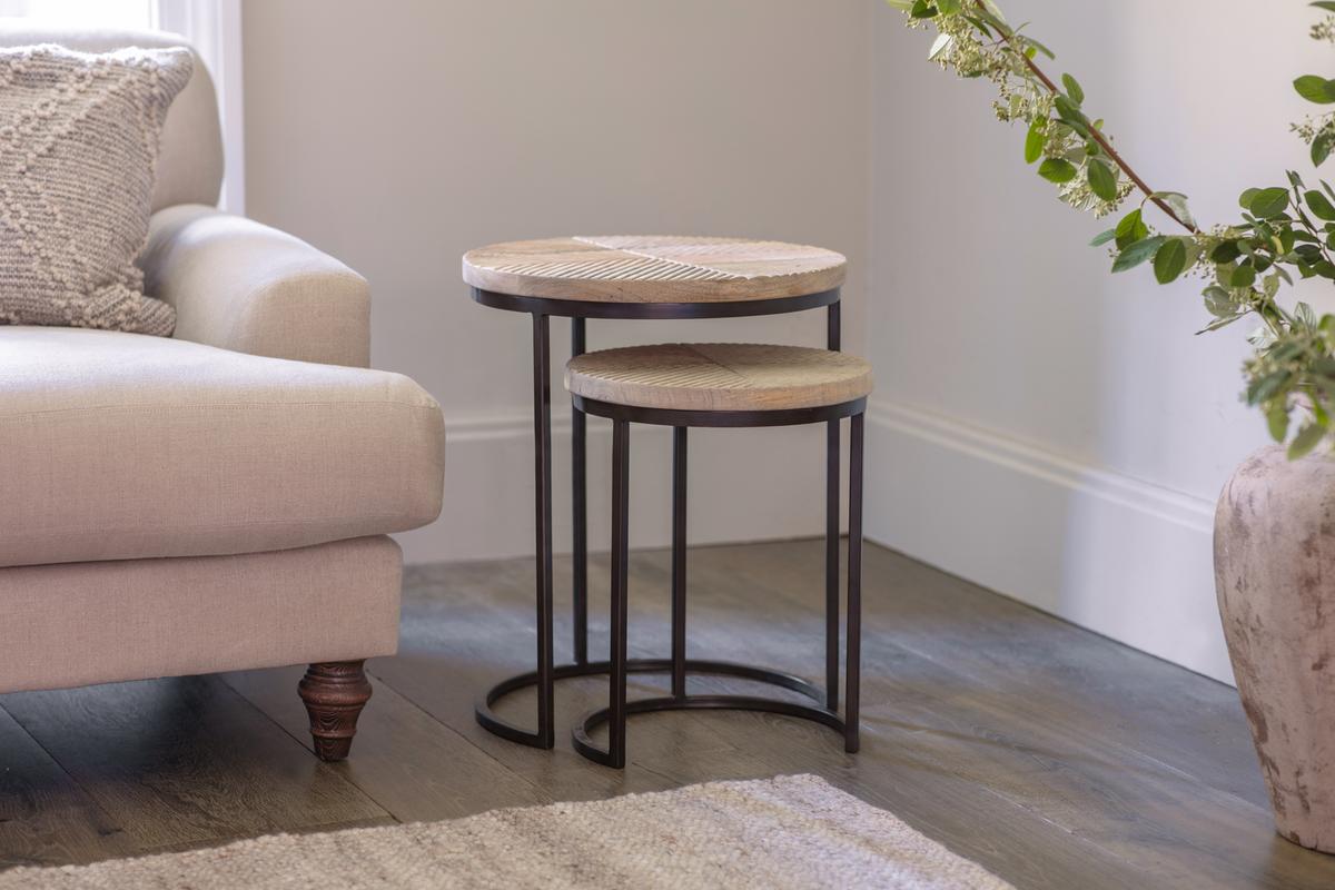 Nkuku Aasha Carved Mango Wood & Iron Nesting Side Tables Natural