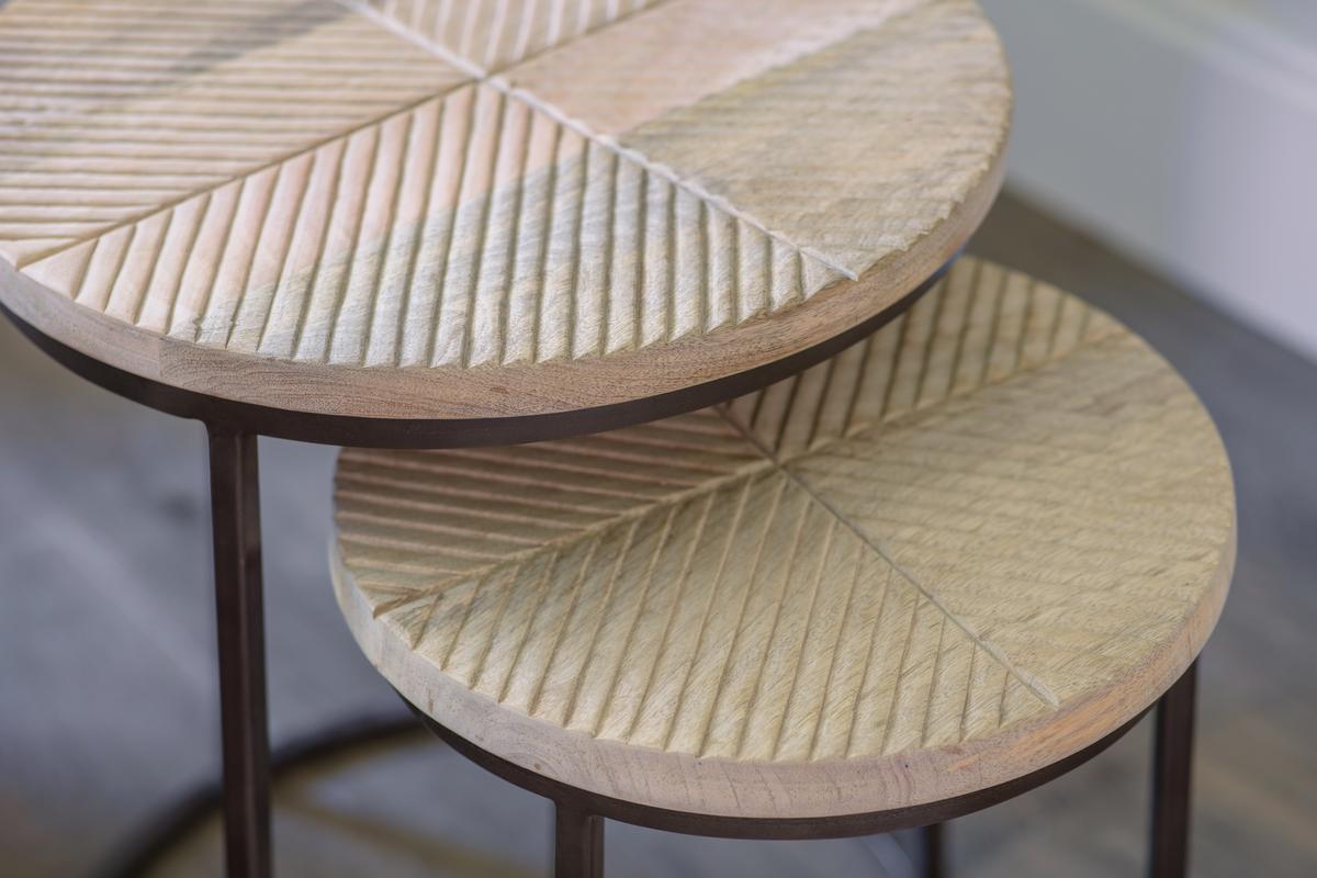 Nkuku Aasha Carved Mango Wood & Iron Nesting Side Tables Natural