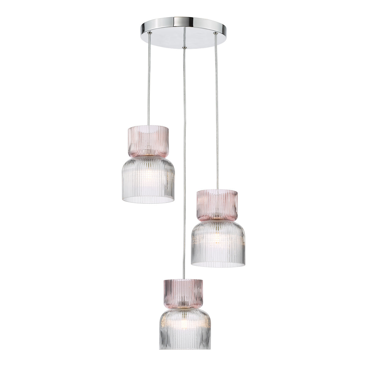 Dar Auberta Cluster Pendant Polished Chrome and Pink Ribbed Glass