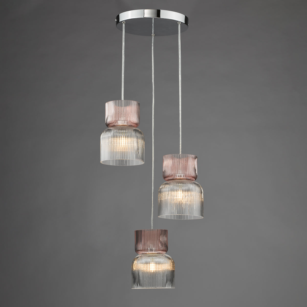 Dar Auberta Cluster Pendant Polished Chrome and Pink Ribbed Glass