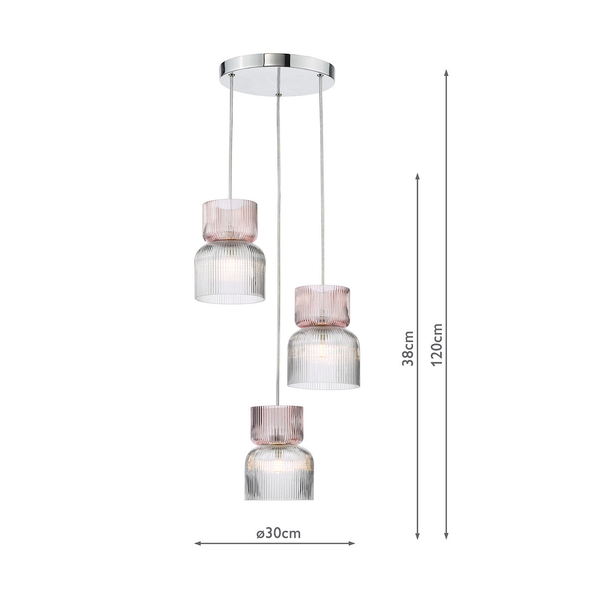 Dar Auberta Cluster Pendant Polished Chrome and Pink Ribbed Glass