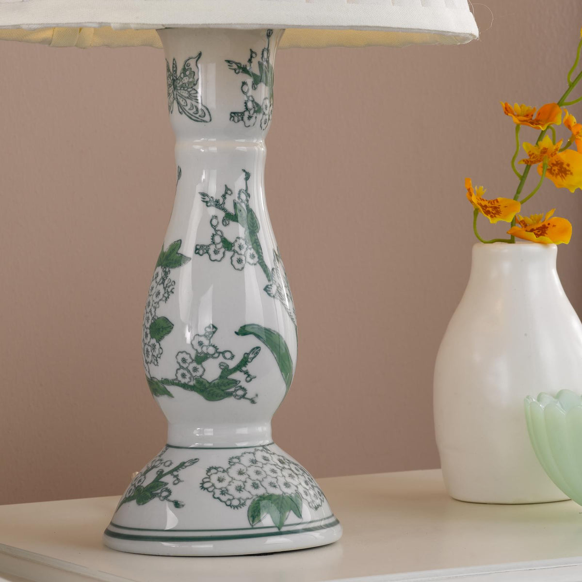 Dar Aviara Table Lamp Green Ceramic With Ivory Pleated Shade