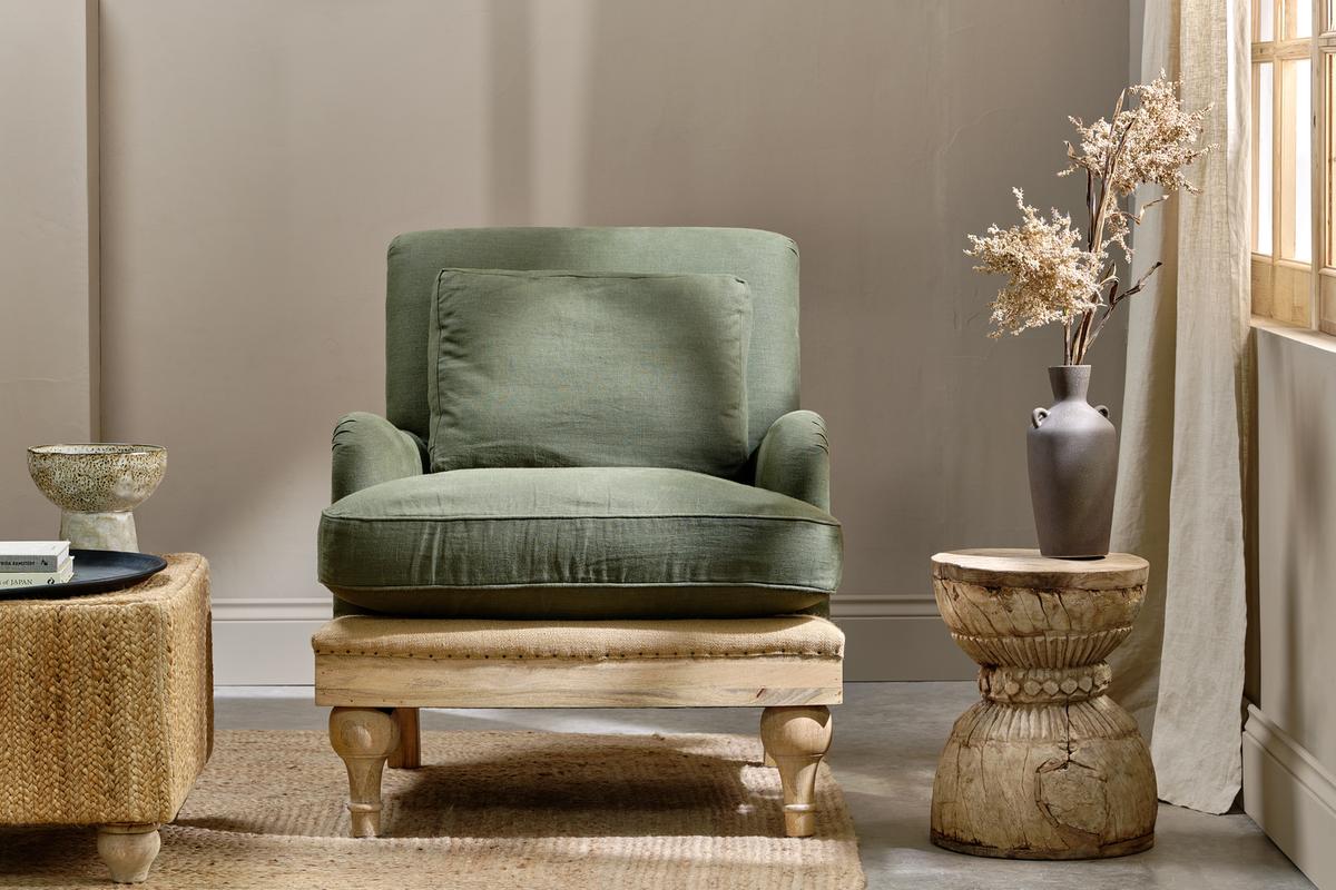 Nkuku Abe Deconstructed Linen Armchair Olive