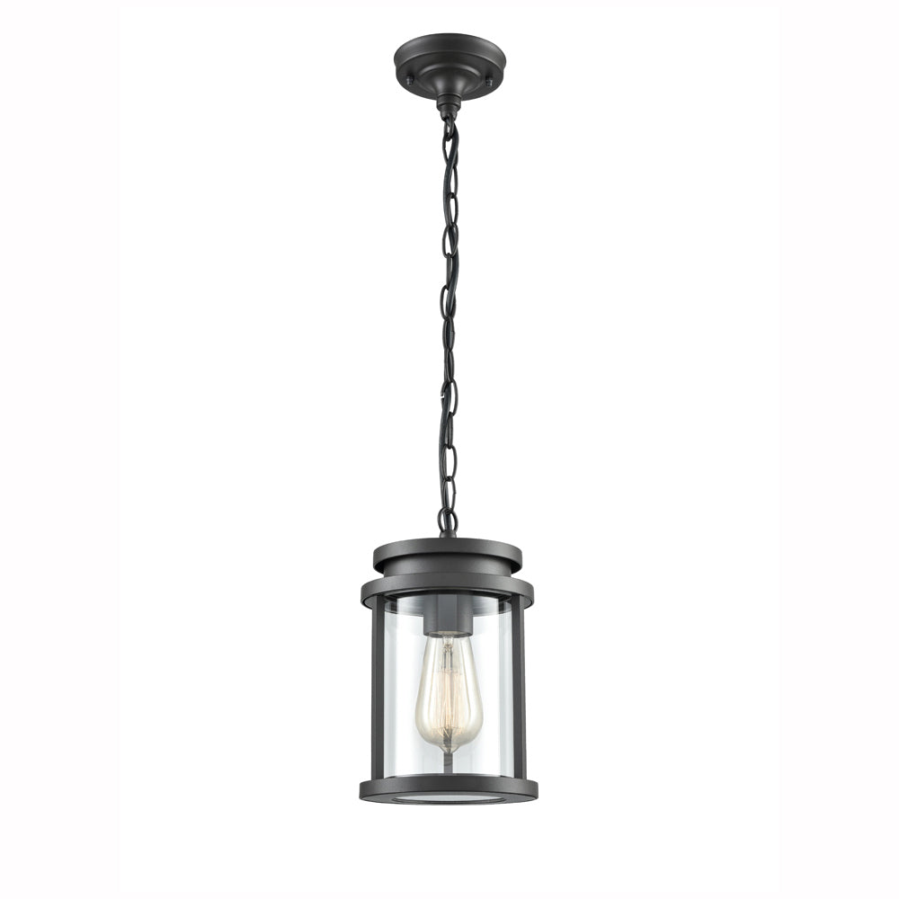 black metal hanging outdoor lantern pendant light with clear glass panels and vintage bulb
