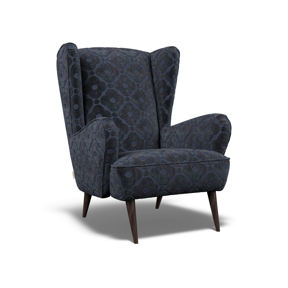 Blue floral pattern wingback armchair with midnight walnut wooden legs