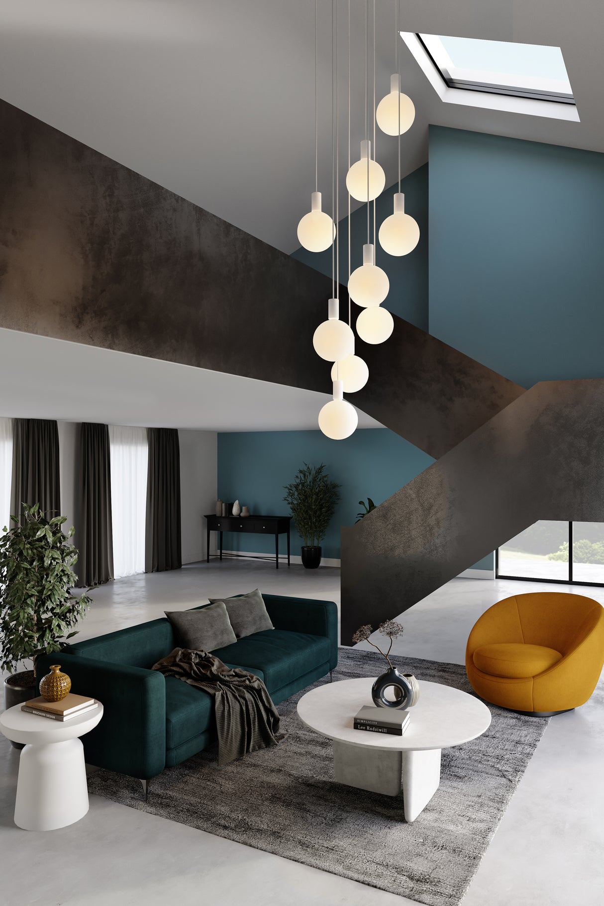 Modern living room with teal sofa, mustard yellow armchair, gray rug, white coffee and side tables, hanging globe lights