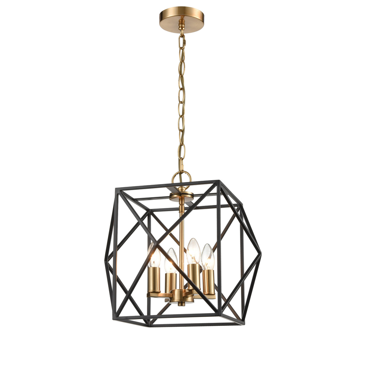modern geometric black metal pendant light with gold candle-style bulbs and chain suspension