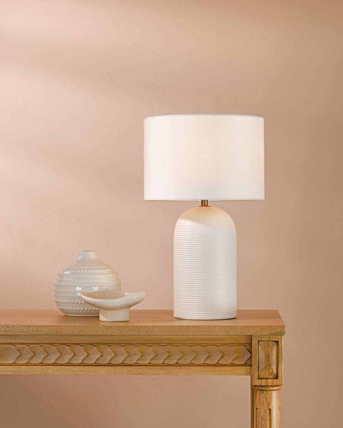 Dar Bayonne Table Lamp White Ceramic and Antique Brass With Linen Drum Shade
