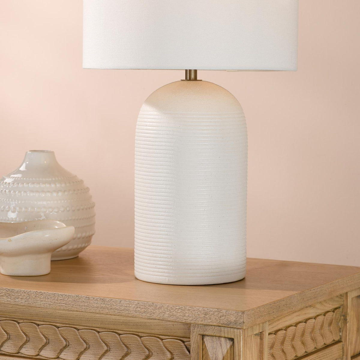 Dar Bayonne Table Lamp White Ceramic and Antique Brass With Linen Drum Shade