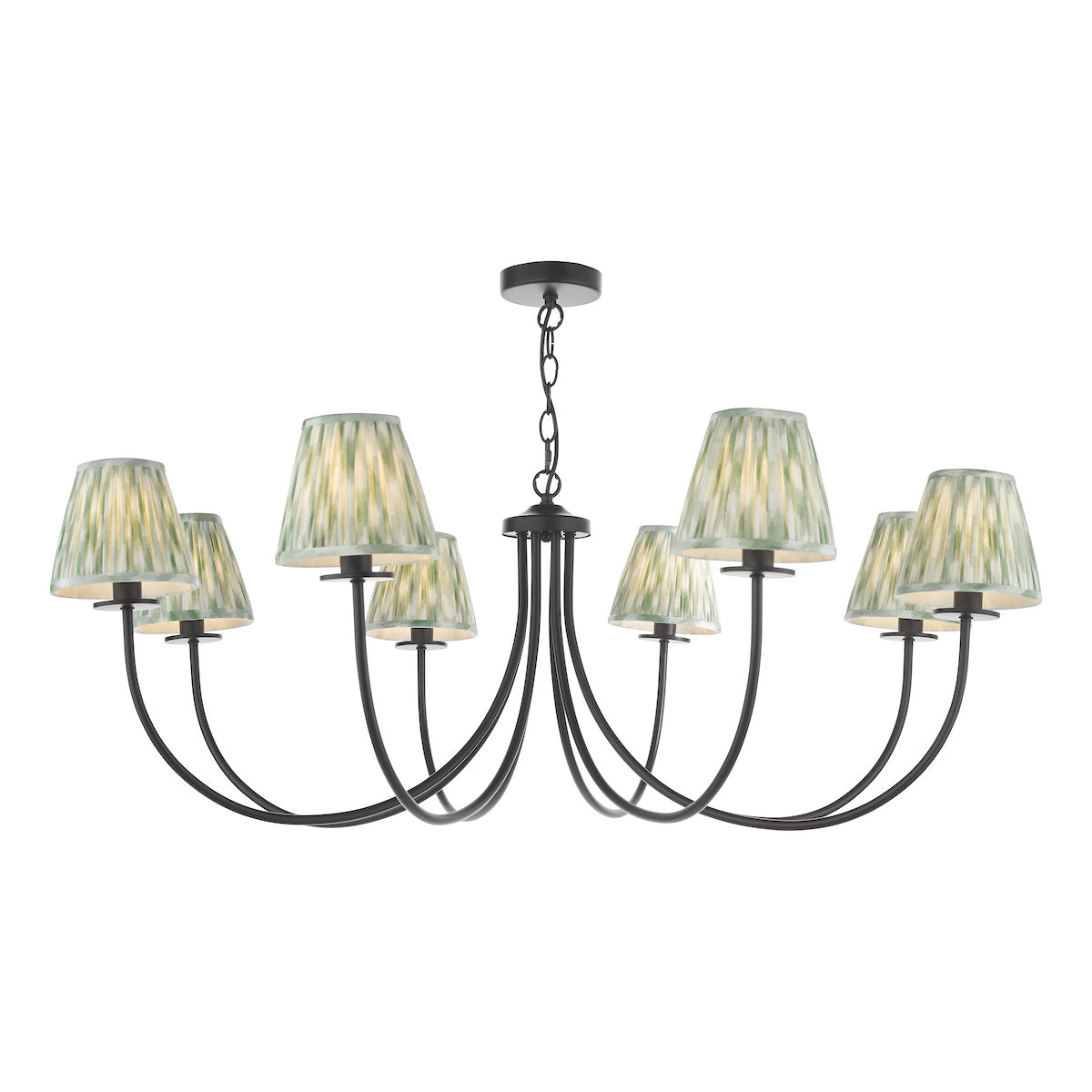 Dar Becca 8 Light Pendant Matt Black With Ikat Green Shade