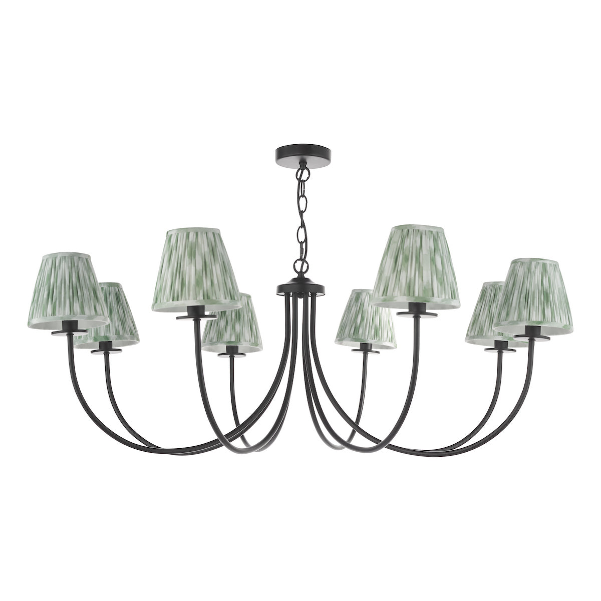 Dar Becca 8 Light Pendant Matt Black With Ikat Green Shade