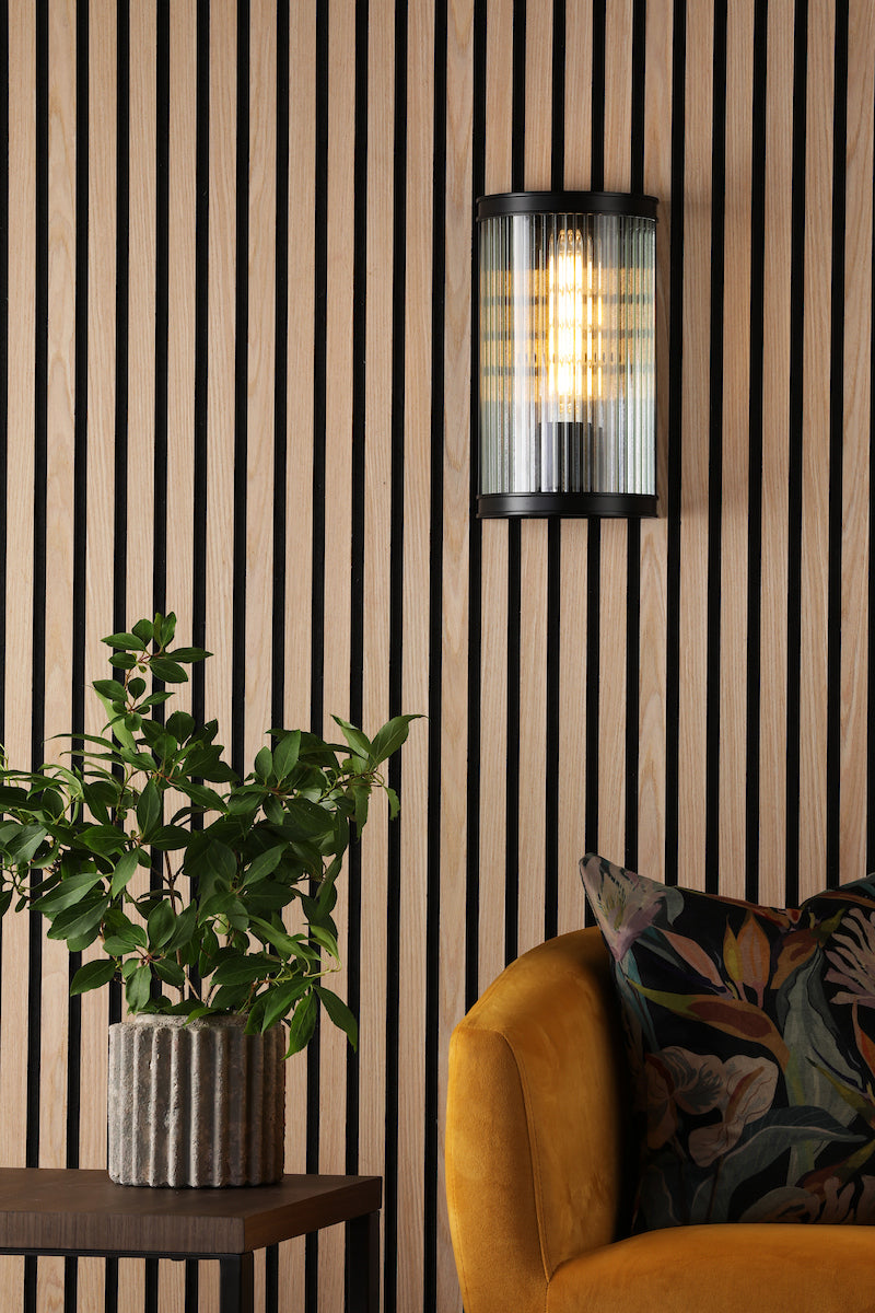 Dar Bianka Wall Light Matt Black and Ribbed Glass