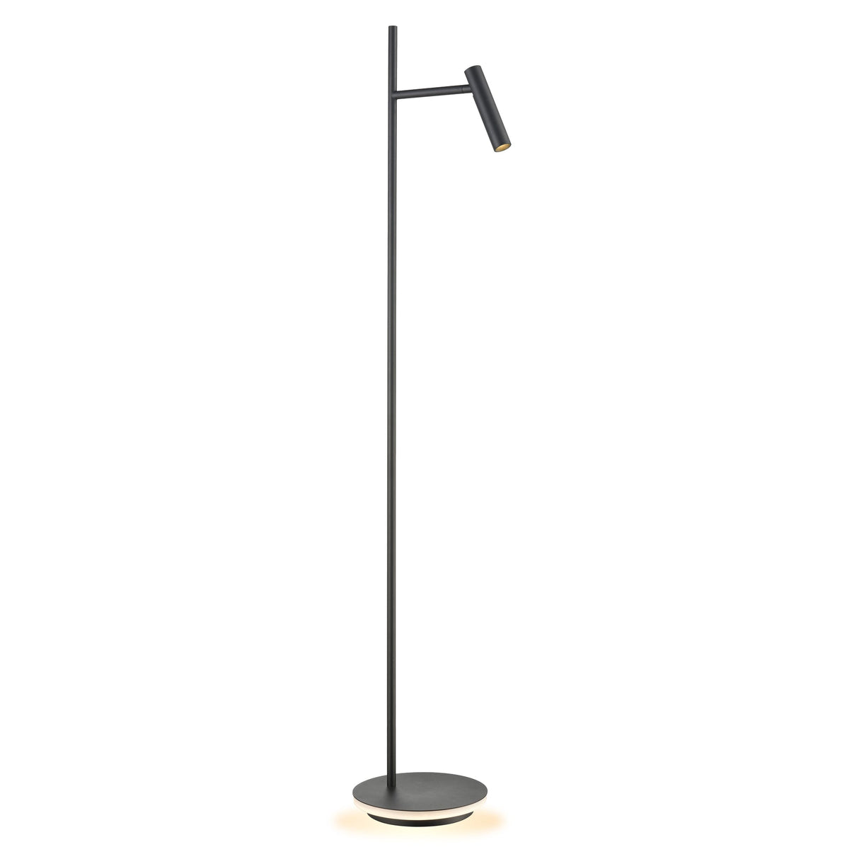 Black modern LED floor lamp with illuminated base and adjustable spotlight, minimal design