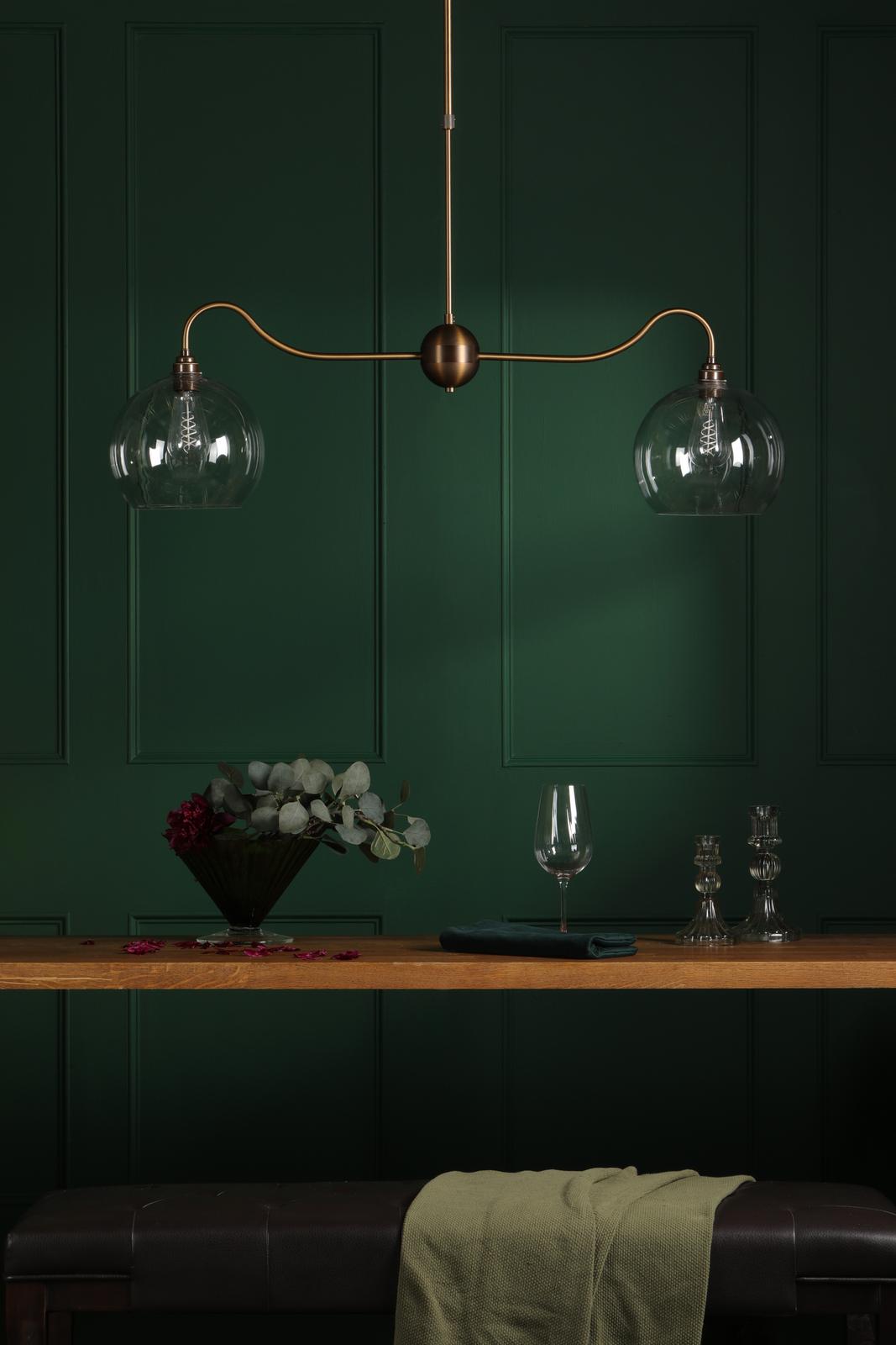 Dar Caliro 2 Light Bar Pendant Antique Bronze with Globe Glasses