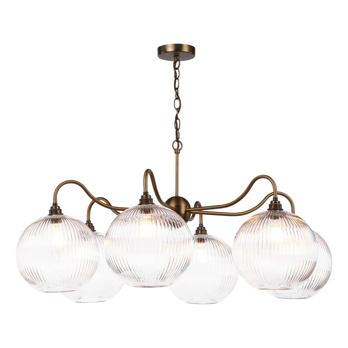 Dar Caliro 6 Light Pendant Antique Bronze with Ribbed Glass Globe Shades