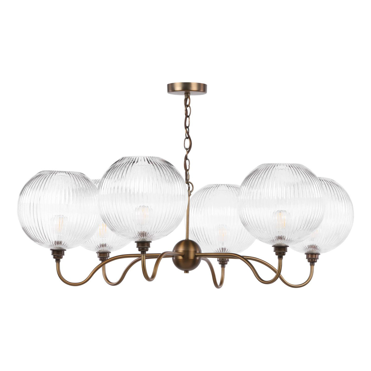 Dar Caliro 6 Light Pendant Antique Bronze with Ribbed Glass Globe Shades