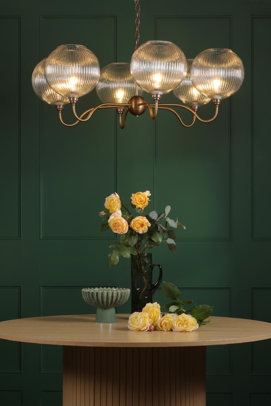 Dar Caliro 6 Light Pendant Antique Bronze with Ribbed Glass Globe Shades