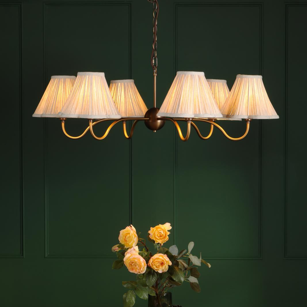 Dar Caliro 6 Light Pendant Antique Bronze with Taupe Pleated Scallop Shades