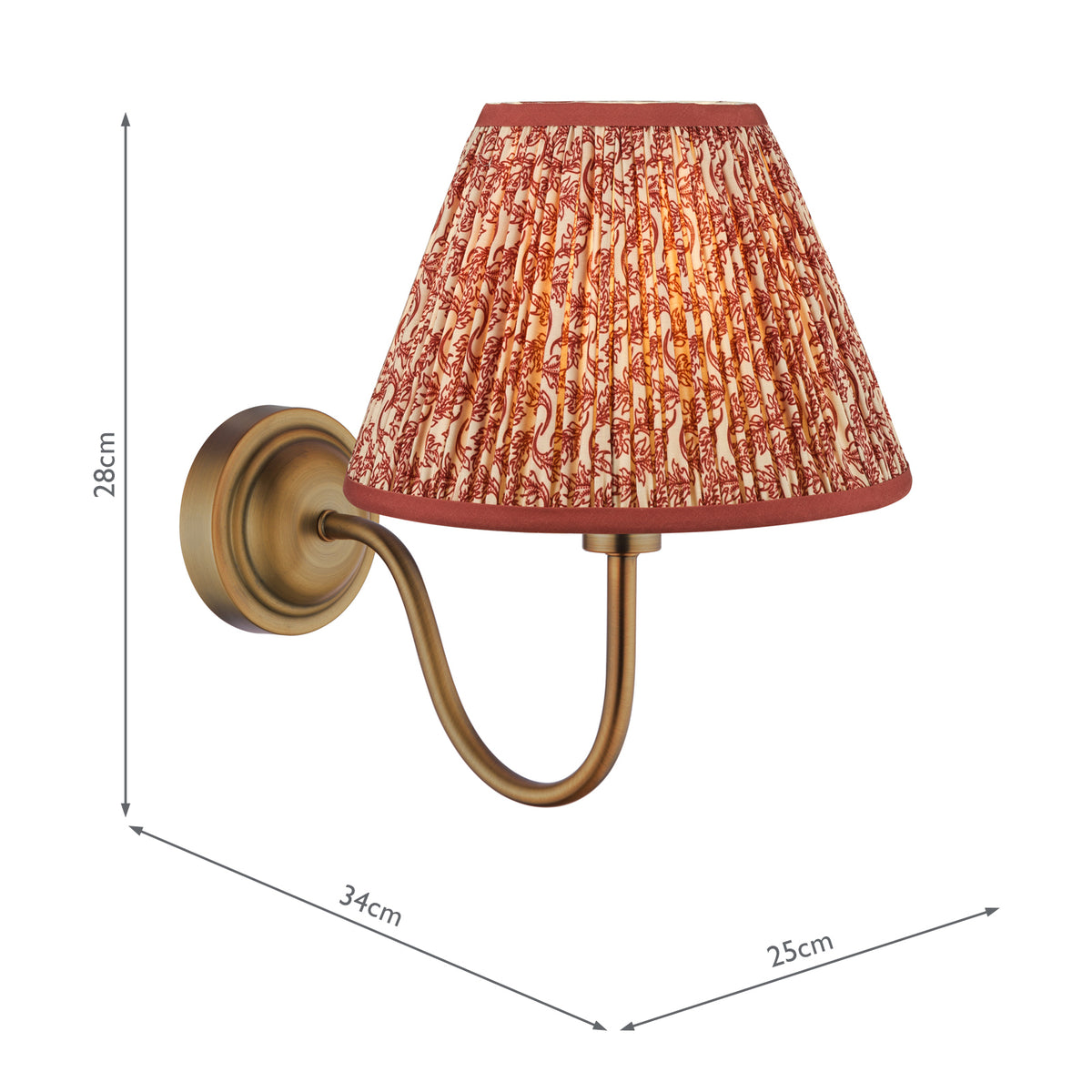 Dar Caliro Wall Light Antique Bronze with Red Leaf Print Pleated Shade