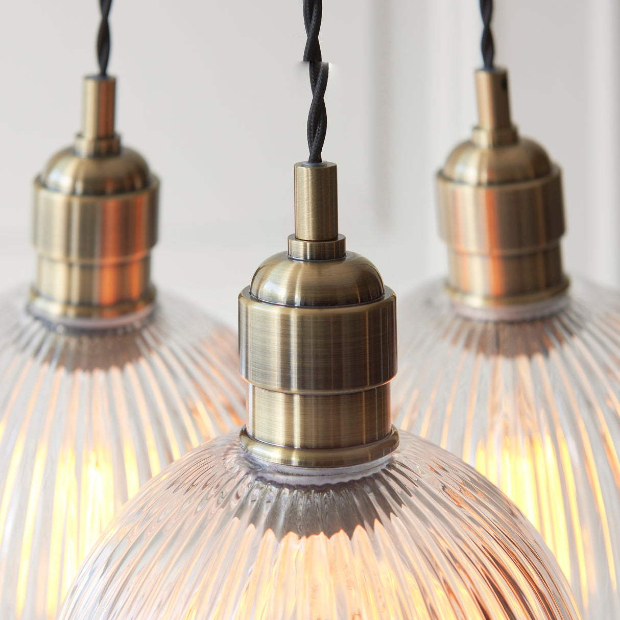 Amos Lucid Antique Brass & Clear Ribbed Glass 3 Light Cluster