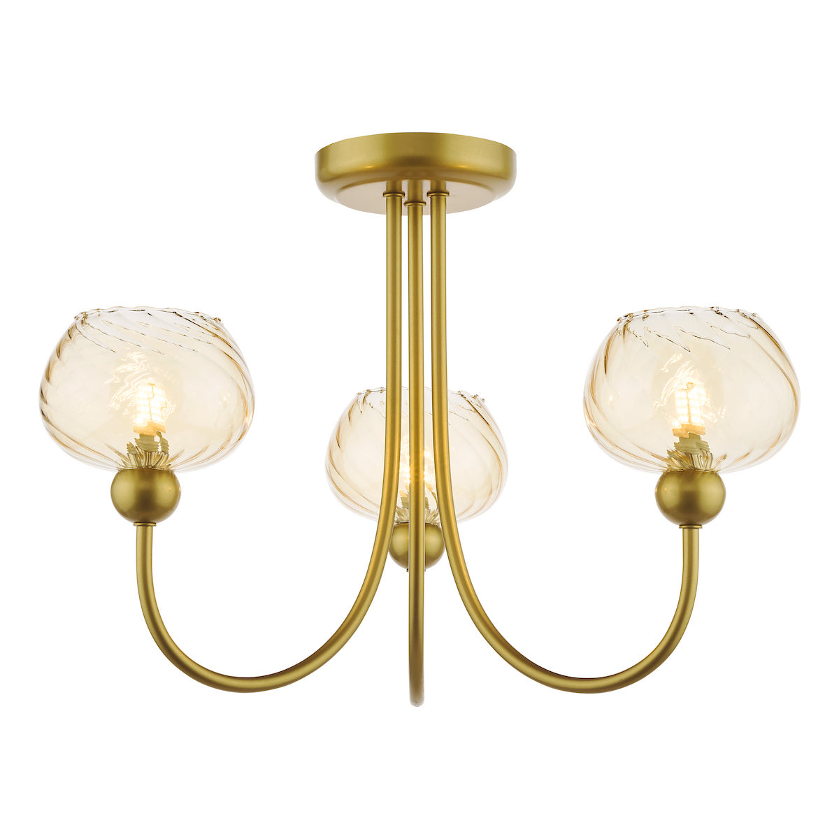 Dar Cognac 3 Light Semi-Flush Satin Gold and Champagne Ribbed Glass