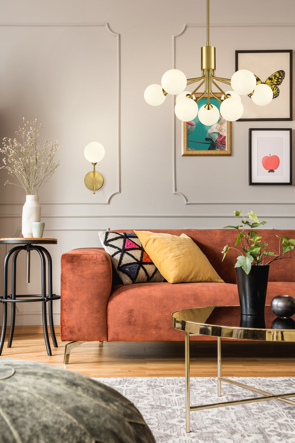 Franklite Cosmic Wall Light in antique gold with matt opal glass