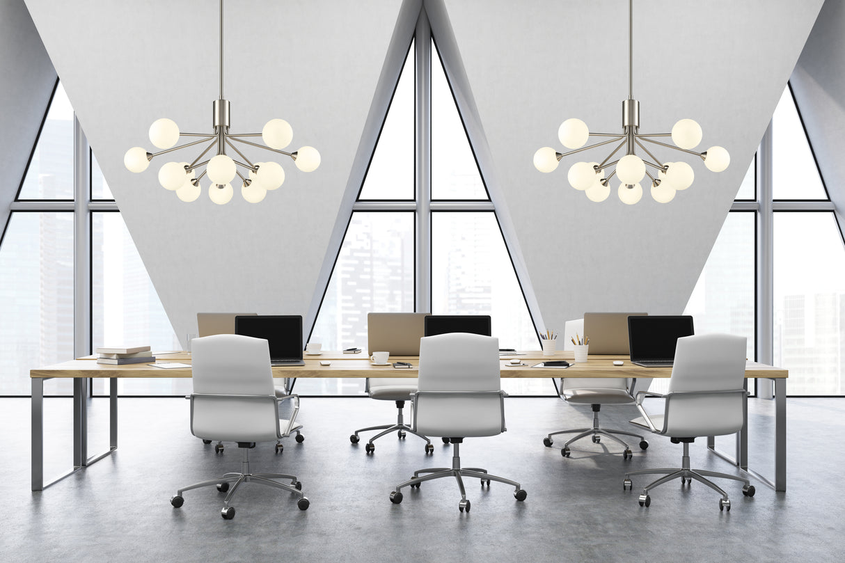 Franklite Cosmic 12 light pendant in satin nickel with matt opal glass