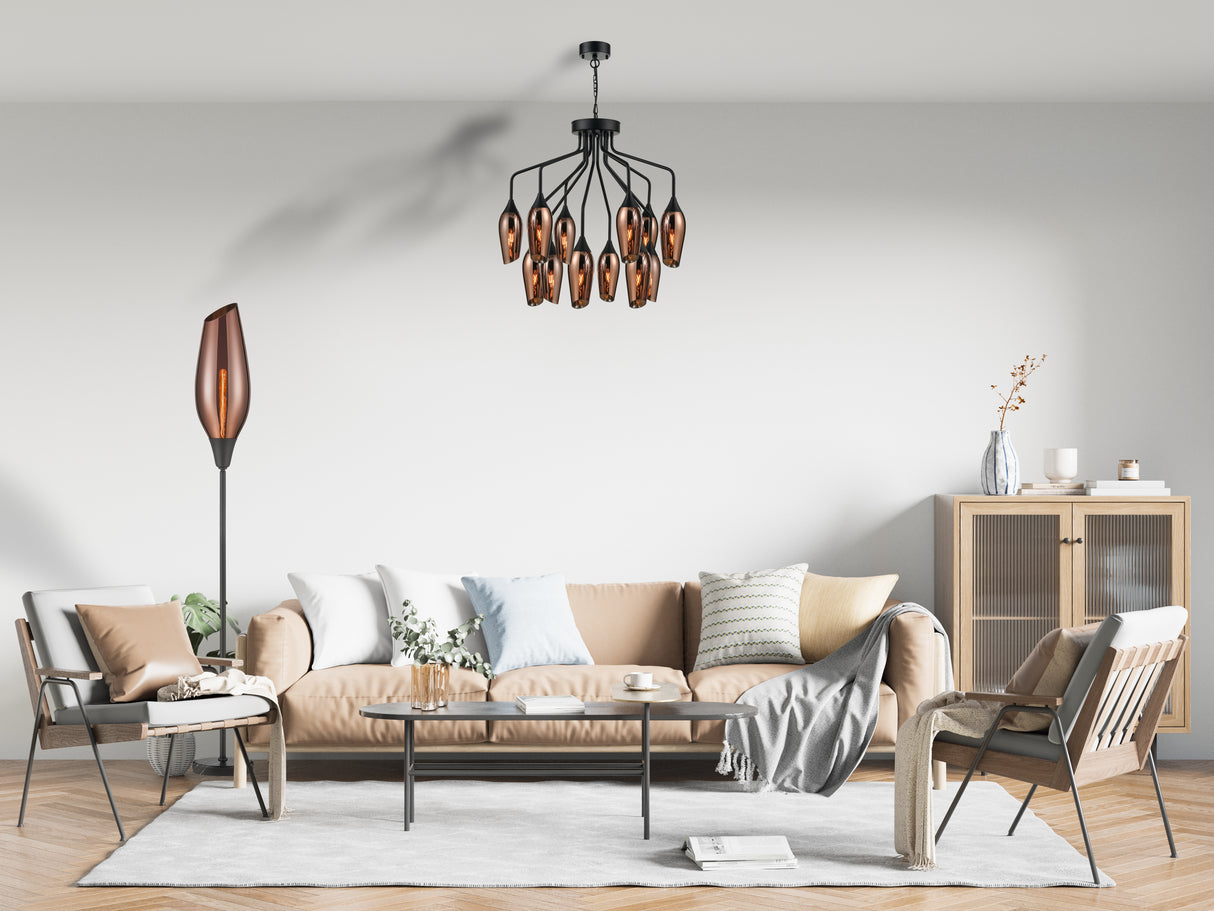 Modern living room with tan sofa, patterned pillows, wooden chairs, metal coffee table, and unique copper light fixtures