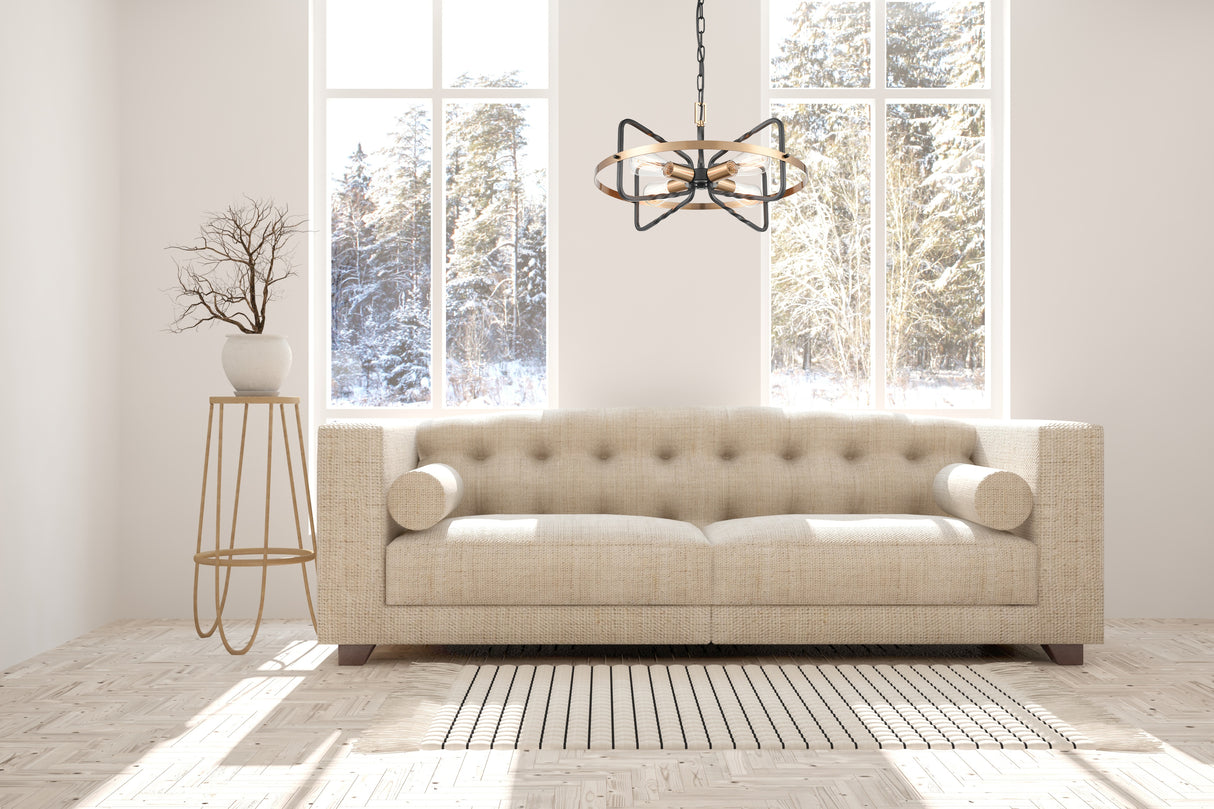 Bright modern living room with beige textured sofa, patterned rug, pendant light, and snowy forest view