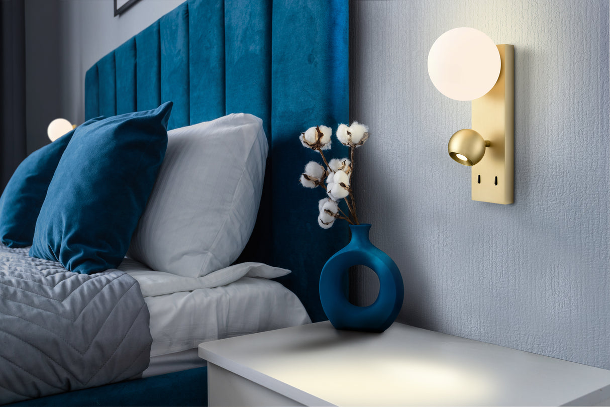 Franklite Iris Wall Light with Opal Glass Sphere Satin Brass