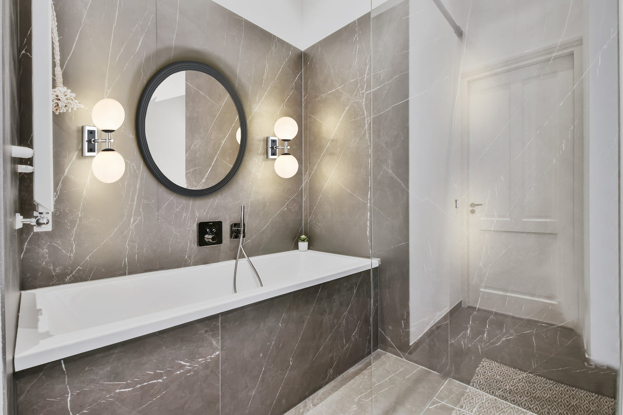 Franklite Stellar Bathroom Double Wall light matt black and polished nickel with opal glass