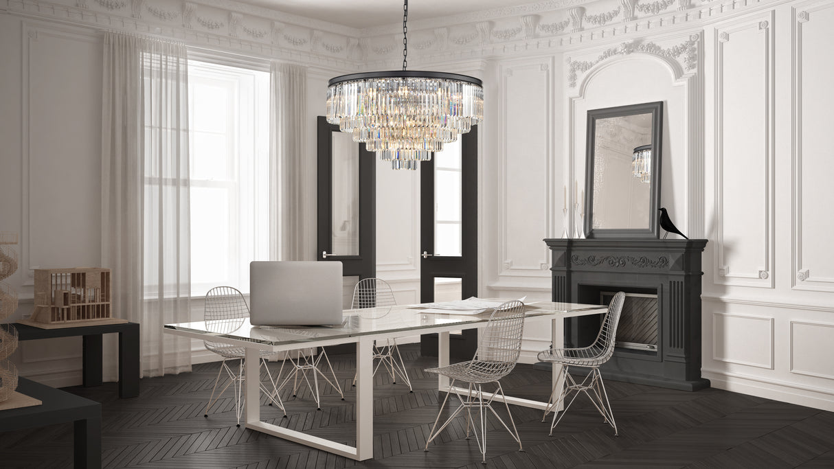 Elegant modern dining room with glass table, wire chairs, black fireplace, and crystal chandelier