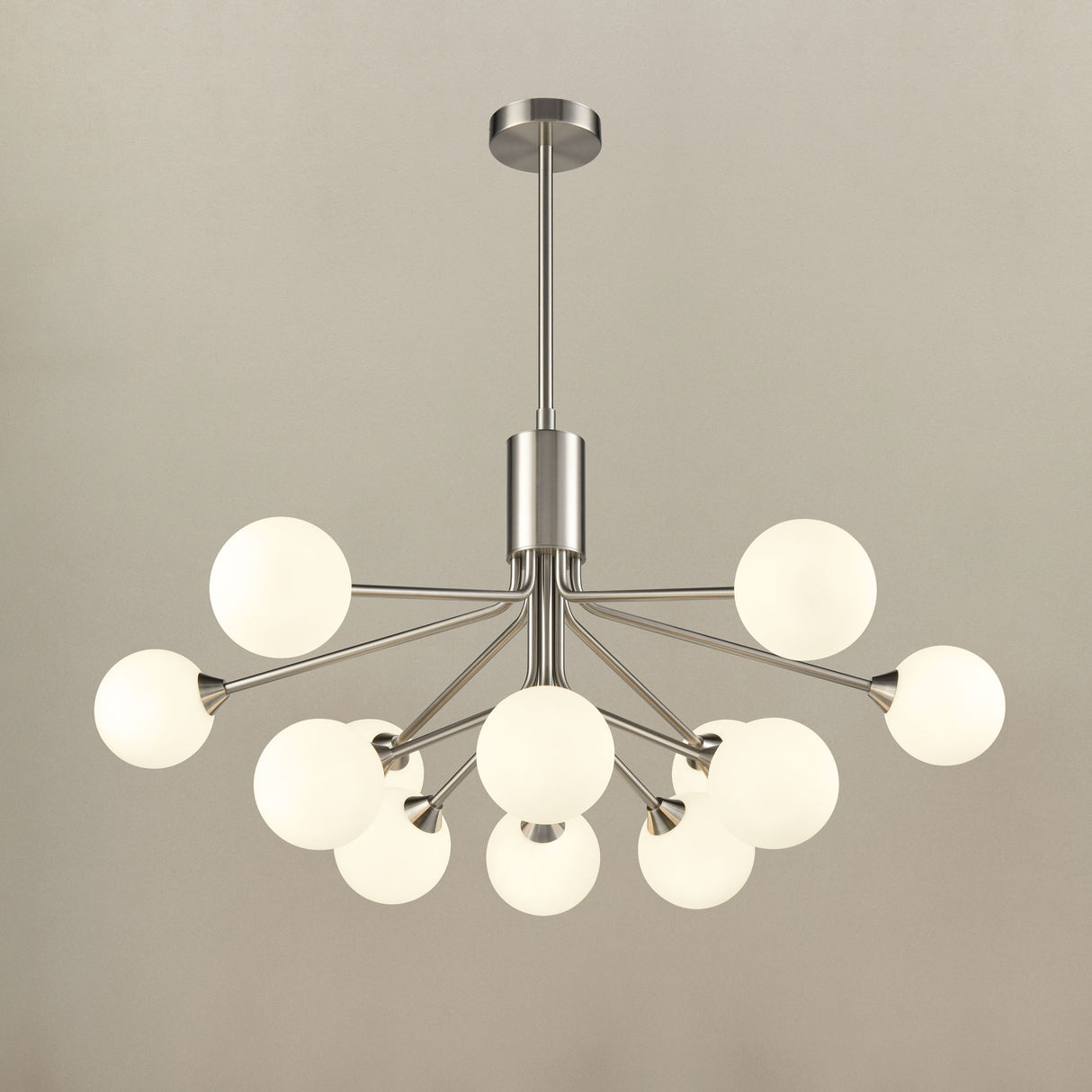 Franklite Cosmic 12 light pendant in satin nickel with matt opal glass