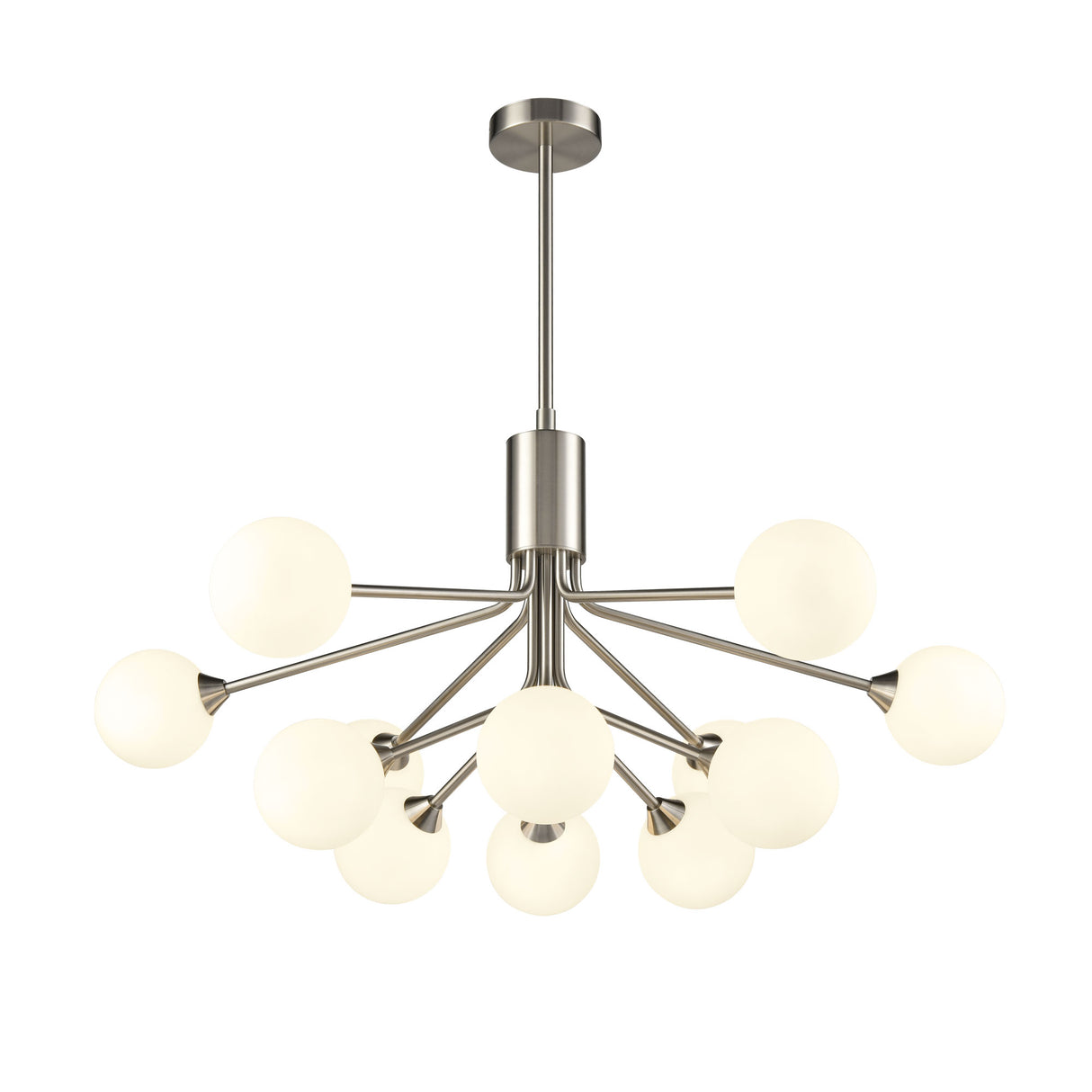 Franklite Cosmic 12 light pendant in satin nickel with matt opal glass