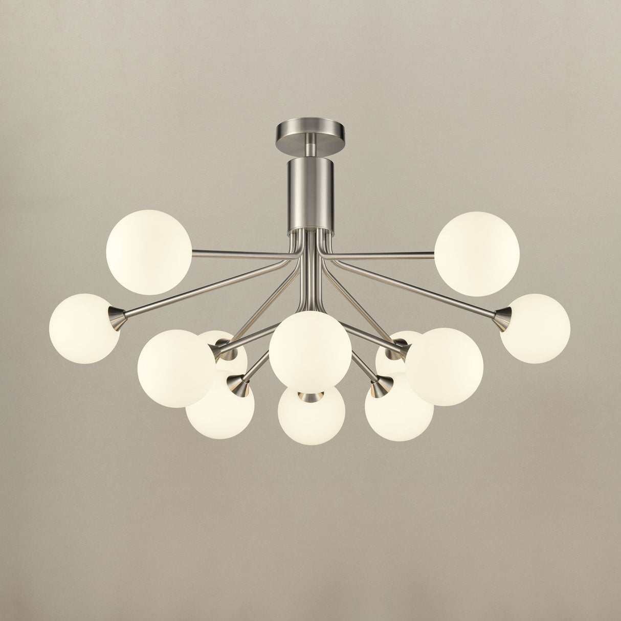 Franklite Cosmic 12 light pendant in satin nickel with matt opal glass