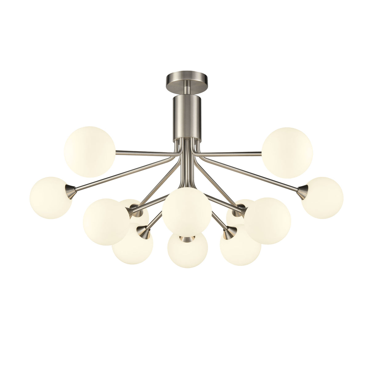 Franklite Cosmic 12 light pendant in satin nickel with matt opal glass